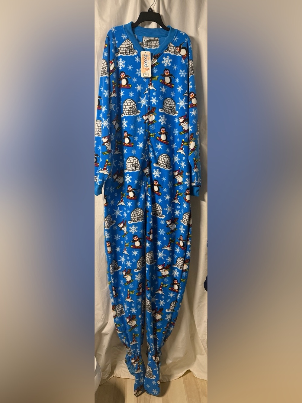 Footed Blue Penguin Print One-Piece Pajama Adult